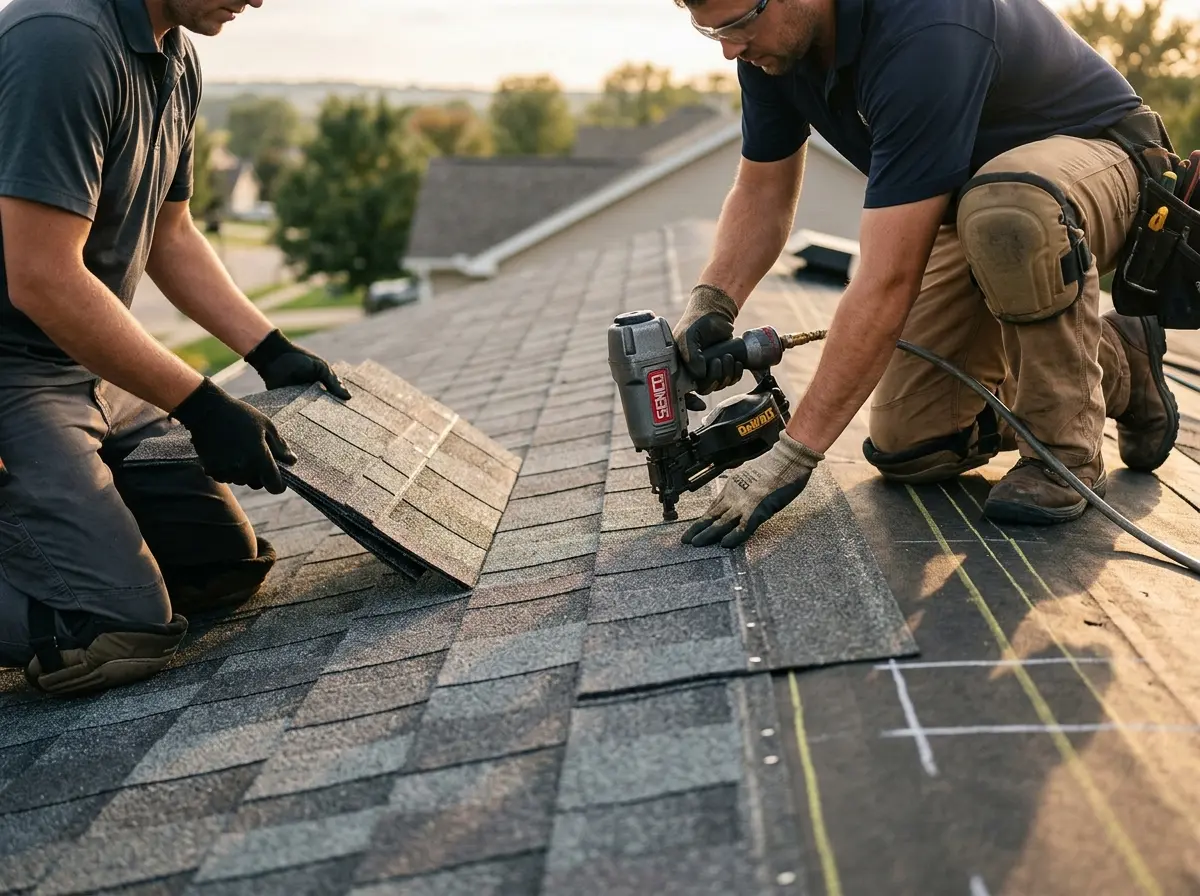 Professional roofer working on a residential roof in Magna